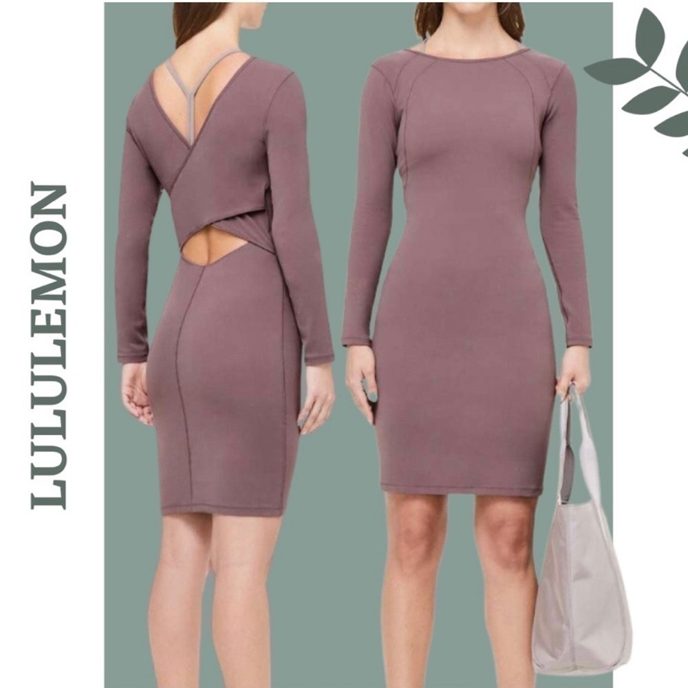 Lululemon Contour Dress Nulu Dusty Pink Antique Bark Long Sleeve Cutout Back 4 - Picture 1 of 4